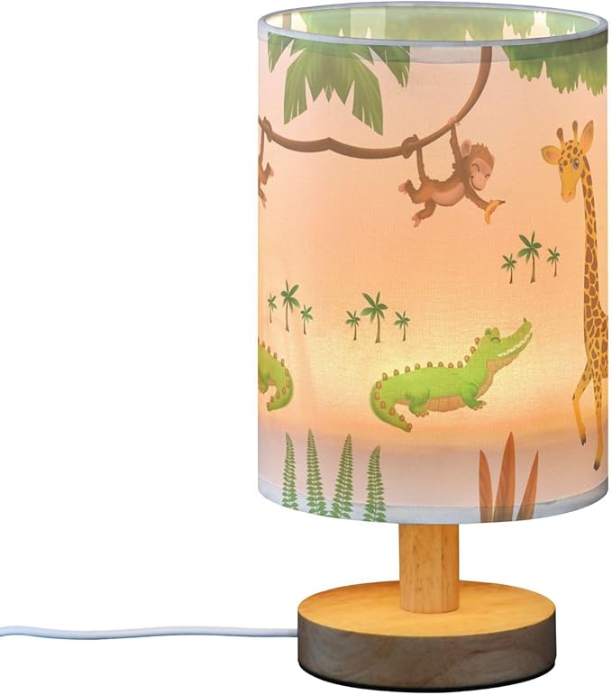Table Lamp African Animal Giraffe Crocodile Monkey Palm Tree Jungle Leaf Nightstand Lamp with Wood Base Fabric Lamp Shade Bedside Desk Lamp for Living Room Bedroom Kids Room Office