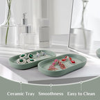 Ceramic Jewelry Dish Set of 2 – Oval Trinket Holder for Vanity, Perfume, Keys, Rings, Watch, Dish Soap, Kitchen & Bathroom Counter – Matte Green