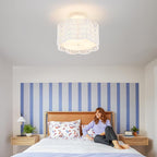 Tbaoinla✿ 13.8＂ Handwoven Rattan 3-Light | White Boho Flush Mount for Small Bedroom & Nursery, Midnight Blossom Woven Ceiling Light, Natural Fiber Bedroom Fixture, Low Profile Rattan Lighting