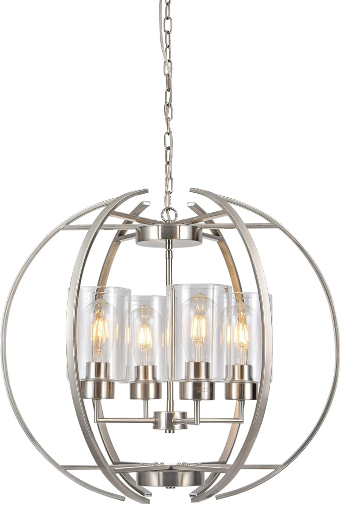 Brushed Nickel Chandelier Globe 24" Dining Room Lighting Fixtures Ceiling Hanging Pendant Lighting with Clear Glass Shades Modern Farmhouse Chandeliers for Foyer Bedroom Kitchen Living E26