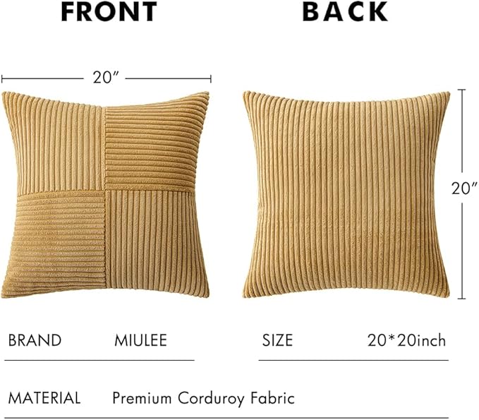 MIULEE Khaki Corduroy Pillow Covers Pack of 2 Boho Decorative Spliced Throw Pillow Covers Soft Solid Couch Pillowcases Cross Patchwork Textured Cushion Covers for Living Room Bed Sofa 20x20 inch