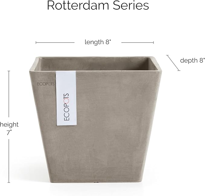 Ecopots Rotterdam Durable Modern Square Indoor/Outdoor Recycled-Based Composite Flower Planter, Taupe, 8"