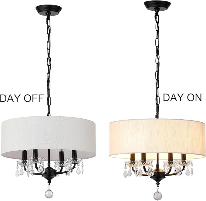 Black Drum Chandelier Modern Crystal Chandelier 4-Lights Drum Shade Beige Linen 17.75“ Chandelier Light Fixture for Bedroom,Dining Room,Living Room,Kitchen Island, E12,Chain Adjustable