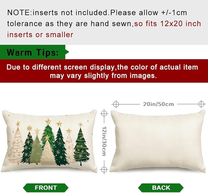 RABUSOFA Christmas Tree Pillow Covers 12x20 Inch,Watercolor Xmas Decor Stars Winter Holiday Lumbar Cushion Case Decoration for Home Sofa Couch(White, 20" x 12" (Pack of 1))