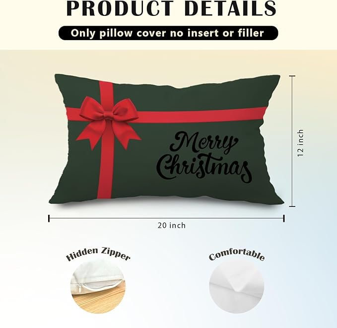 JINYO Coquette Red Christmas Ribbon Bow Pillow Covers 12x20, Red and Green Merry Christmas Pillow Covers for Couch Bed Living Room Bedroom Home