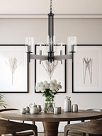 Kira Home Winston 26" 5-Light Modern Farmhouse Dining Room Chandelier + Clear Cylinder Glass Shades, Gray Oak Wood Style + Black Finish