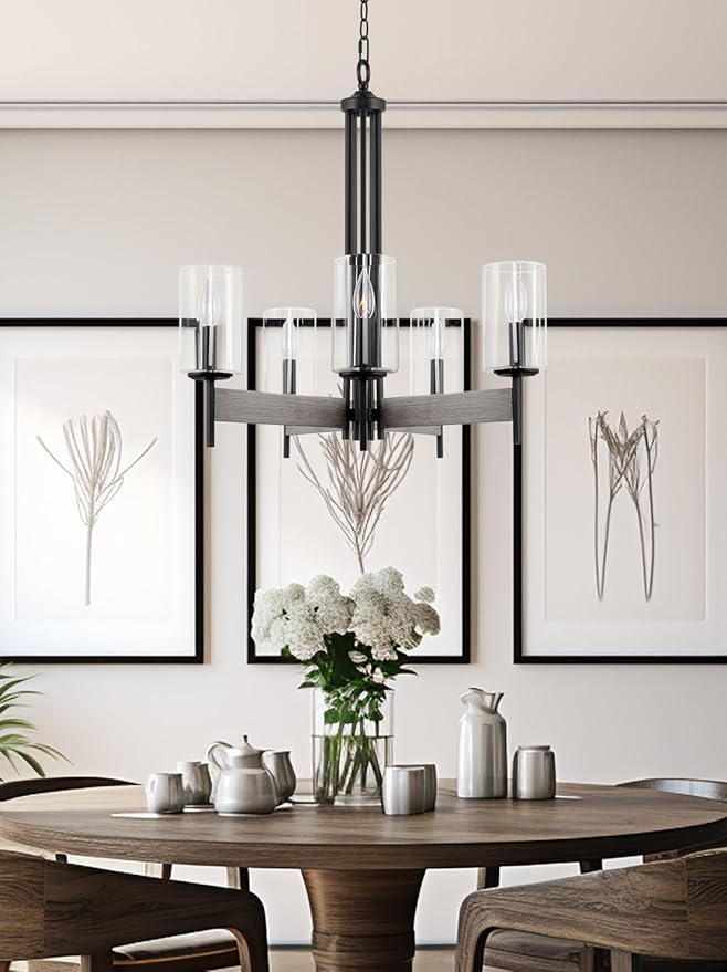 Kira Home Winston 26" 5-Light Modern Farmhouse Dining Room Chandelier + Clear Cylinder Glass Shades, Gray Oak Wood Style + Black Finish