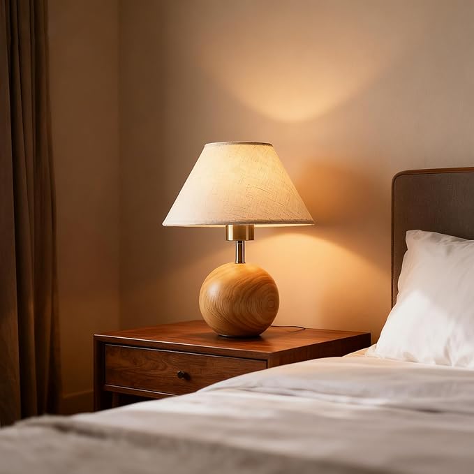 Table Lamp for Living Room,Wood Base Flaxen Fabric Shade Desk Lamp for Bedroom,Small Décor Ambient Bedside Lamps for Night Stands,LED Bulb (not Included)