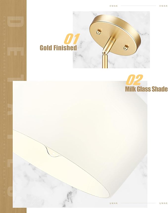 Emak 8 Inch Gold Pendant Lights Kitchen Island, 2 Pack Pendant Light Fixtures with Milk Glass Shade, Modern Hanging Lights for Kitchen Island, Bathroom, Dining Room, PL122-GD-ML-2PK
