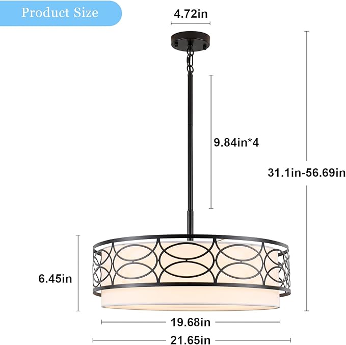 ALISADABOY Drum Chandeliers for Dining Room 21.65’’ Inch Modern Farmhouse Black Chandelier 5 Light Contemporary Hanging Pendant Light Fixture for Living Room Kitchen Island Foyer Entryway Stairway
