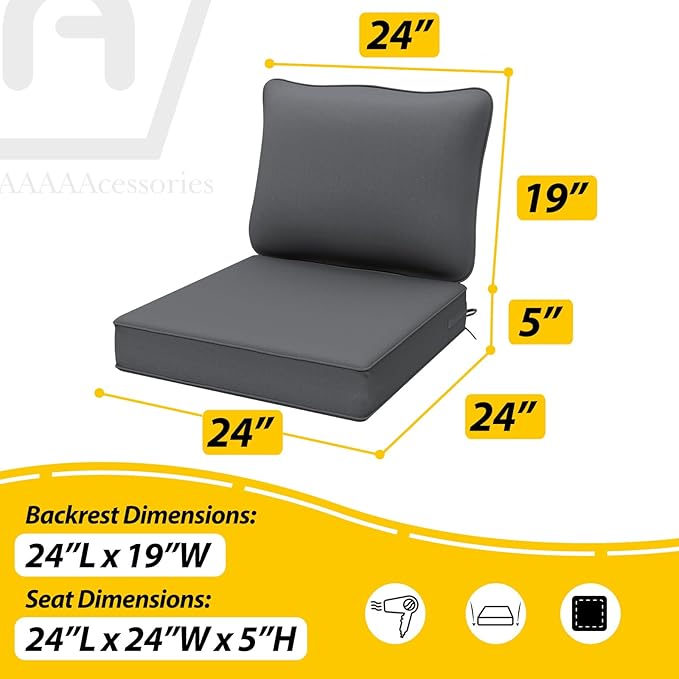 AAAAAcessories Outdoor Deep Seat Cushions, Waterproof, Fade-Resistant Patio Furniture Replacement Cushions, Set of 2, 24" x 24" x 5", Dark Gray
