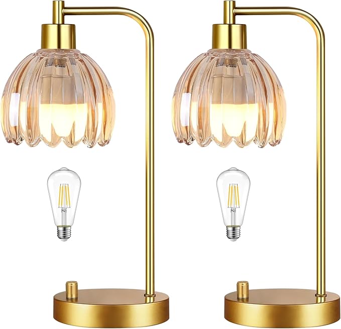 Glass Table Lamp Set of 2,Small Gold Bedside Lamps Dimmable Boho Bedroom Lamp with Tulip Flower Amber Lamp Shade,Vintage Mid Century Modern Mini Nightstand Lamp for Bedroom Living Room