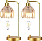 Glass Table Lamp Set of 2,Small Gold Bedside Lamps Dimmable Boho Bedroom Lamp with Tulip Flower Amber Lamp Shade,Vintage Mid Century Modern Mini Nightstand Lamp for Bedroom Living Room