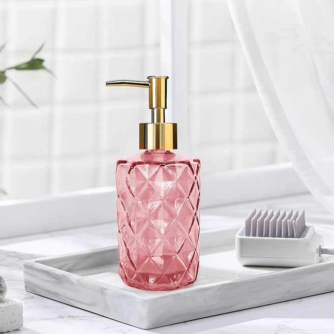 Glass Soap Dispenser with Pump, Hand Soap Dispenser for Hand Wash, Lotion Dispenser for Dishwashing Liquid, Lotion Shower Gel (Pink)