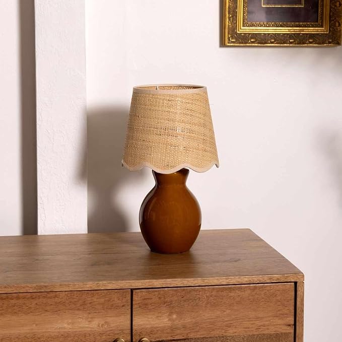 BoutiqueRugs Liliac Boho Ceramic and Jute Bedside Table Lamp for Bedroom Nightstand - End Side Lighting for Living Room - Shade Rattan - Rust, Brown, Beige - 15" H