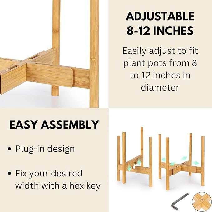 Fox & Fern Adjustable Plant Stand Indoor — 8 to 12 Inch Premium Mid Century Bamboo Plant Stand with Adjustable Width; Plug In Design; Easy to Assemble; Two Heights - For 8, 9, 10, 11 & 12 Inch Pots
