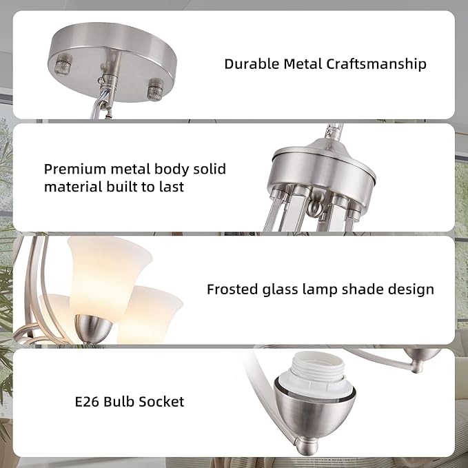 6 Lights Brushed Nickel Dining Room Light Fixture Farmhouse Modern Chandelier Pendant Light Silver Adjustable Ceiling Hanging Lighting with Frosted Glass for Kitchen Island Living Room Foyer