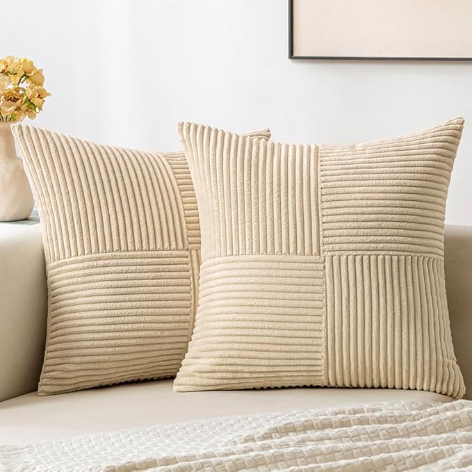 MIULEE Cream Corduroy Pillow Covers Pack of 2 Boho Decorative Spliced Throw Pillow Covers Soft Solid Couch Pillowcases Cross Patchwork Textured Cushion Covers for Living Room Bed Sofa 18x18 inch