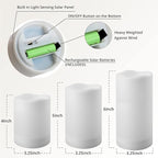 NURADA Large Outdoor Solar Powered Candles - Flameless Pillar Waterproof Rechargeable Candle Set, White Resin, LED Light,Rechargeable Solar Battery Included, for Patio Decor, 3.25"x4"5" 6"