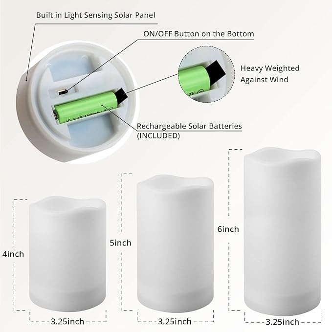 NURADA Large Outdoor Solar Powered Candles - Flameless Pillar Waterproof Rechargeable Candle Set, White Resin, LED Light,Rechargeable Solar Battery Included, for Patio Decor, 3.25"x4"5" 6"