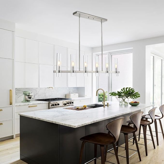 Untrammelife Polished Nickel Linear 6-Light Chandelier with Glass Shades, 36-inch Adjustable Height Modern Pendant Lighting for Kitchen Island & Dining Room, Dimmable Indoor Hanging Light Fixture