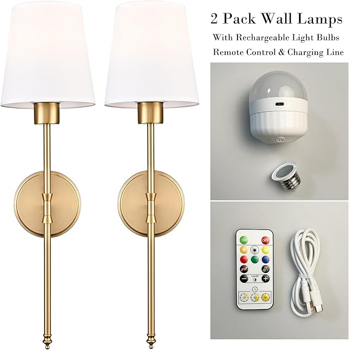 Battery Operated Wall Sconces Set of 2, Gold Rechargeable Wall Lights with Remote 16 Colors Wireless Wall Lamp for Bedroom Living Room Hallway (Dimmable Bulb Included)