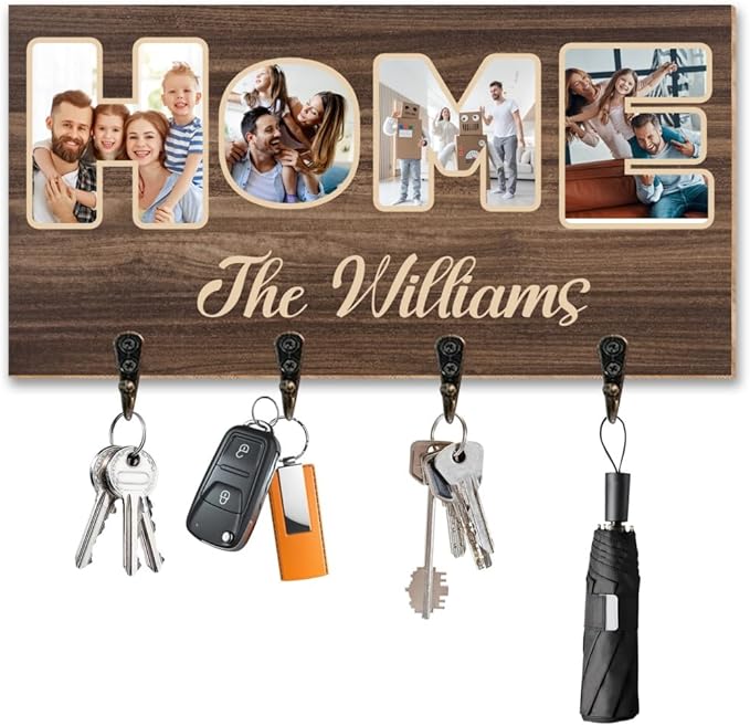 Personalized Family Photo Key Holder Custom Photos Wall Mount Wooden Key Hanger with Family Name Keychain Organizer Hanger for Wall Entryway Home Decor Housewarming Gifts for Birthday,02