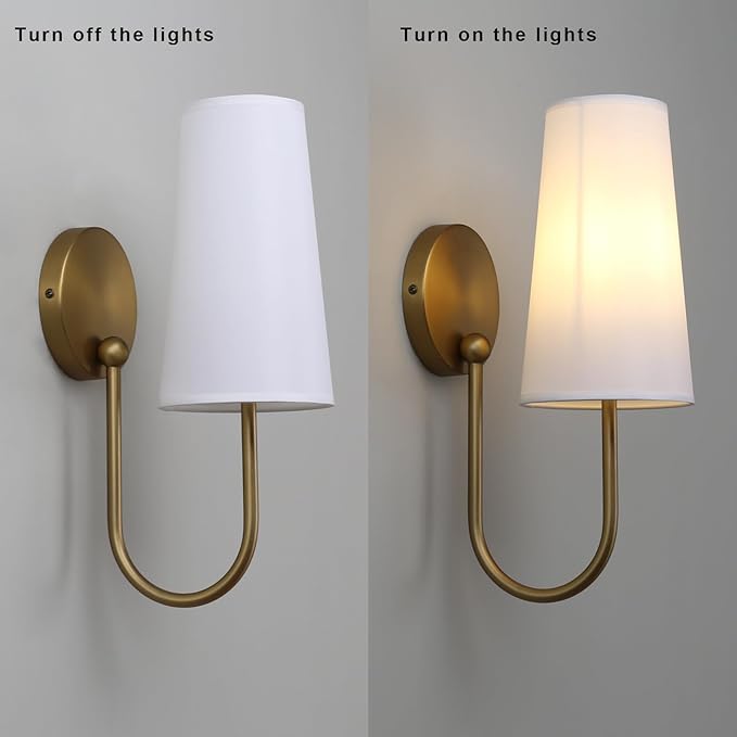 Yosoan Brass White Fabric Shade Wall Sconce Set of 2, Vintage Industrial Hardwired Gold Boho Wall Mounted with Long Cone Cloth Shade for Bedroom Living Room Aged Vanity Loft(Antique)