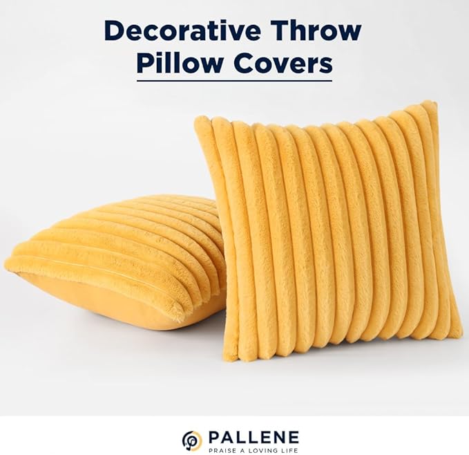 Pallene Faux Fur Plush Throw Pillow Covers 22x22 Set of 2, Luxury Soft Fluffy Striped Decorative Pillow Covers for Sofa, Couch, Living Room, Mustard Yellow