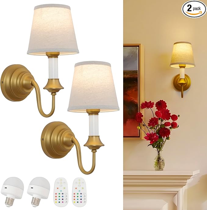 Vintage Battery Operated Wall Sconces Set of 2,Brass Gold Fabric Sconce Light with Linen Cloth Shade Dimmable Rechargeable Cordless Wall Mounted Lamp for Bedroom Living Room Hallway