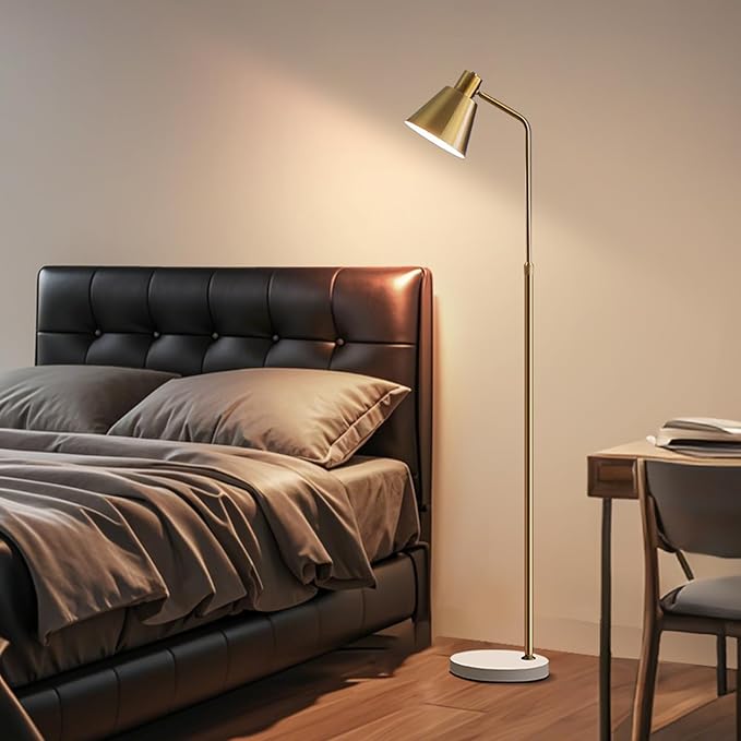 Gold Brass Industrial Floor Lamps with Bright 12W LED Bulb Adjustable 3 Colors, Living Room Sofa Corner Bedroom Bedside Office Study Reading Standing Tall Lights, Unique Modern Home Decor Essentials