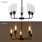 5-Light Modern Black Chandelier with Clear Glass Shades, E26 Base Farmhouse Pendant Light Fixture, Adjustable Swivel Heads Ceiling Lighting, Industrial Chandelier for Dining Room Kitchen Hallway