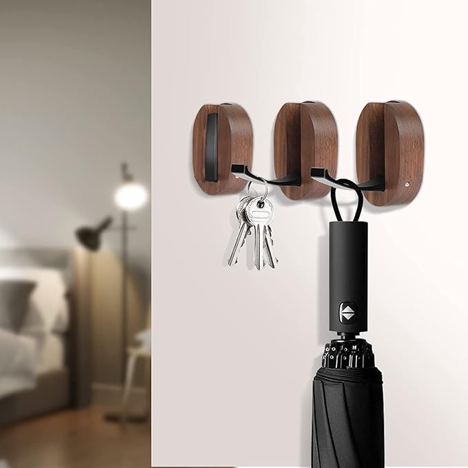 3 Pack Coat Hooks, Wood Wall Hooks Folding for Hanging Coat, Rustic Walnut Wood Hardware Heavy Duty Aluminum Alloy No Rust with Screws for Hat, Bags, Backpack, Purse Fitness Equipment