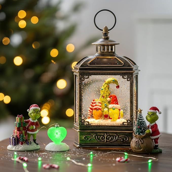 Christmas Snow Globe Lantern Water Glittering Gnomes Scandinavian Santa Elf with Music, USB Lined/Battery Operated Lighted Lantern for Christmas Festival Decoration Gifts