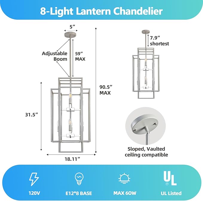 Sliver Foyer Chandelier High Ceiling: Modern 8-Light Farmhouse Lantern Chandeliers for Entryway Industrial Large Pendant Light Fixtures for Entry Staircase Hallway Dining Room Kitchen Island