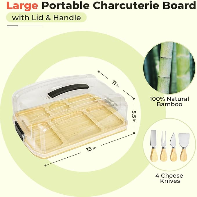 Large Portable Bamboo Charcuterie Board with Lid & Handle, Flip-to-Cut Cutting Board Set, 6 Compartments, Cheese Knives & Accessories, for Women, Bride Parties, Housewarming & Weddings