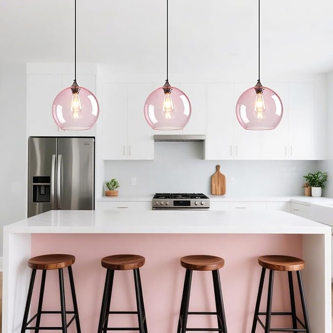 Pink Glass Pendant Lights Kitchen Island Globe Pendant Light Fixtures Modern Pendant Lighting for Bedroom Living Dining Room Light Fixture (9.84 in, 1 Pack)