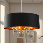 Black Drum Chandelier Gold Drum Shade Chandelier 4-Light Modern Linen 17.75“Chandeliers Light Fixture for Dining Room, Bedroom, Kitchen Island, Living Room, E12,Rod Adjustable