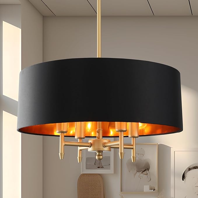 Black Drum Chandelier Gold Drum Shade Chandelier 4-Light Modern Linen 17.75“Chandeliers Light Fixture for Dining Room, Bedroom, Kitchen Island, Living Room, E12,Rod Adjustable