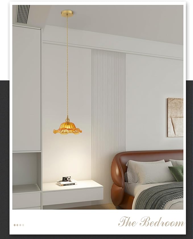 Vintage Glass Pendant Light，Green Flower Ceiling Pendant Light，Gold Adjustable Hanging Wire for Kitchen Island Dining Room Bedroom Hallway (10Inch - Amber(A))