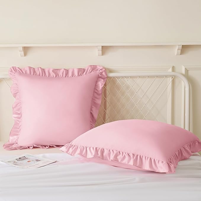 KKJIAF Ruffle Pillow Cases 18x18 Inches, Light Pink Square Ruffled Pillow Covers Set of 2, Microfiber Wrinkle Resistant Pillow Shams with Envelope Closure for Sofa Bed Living Room