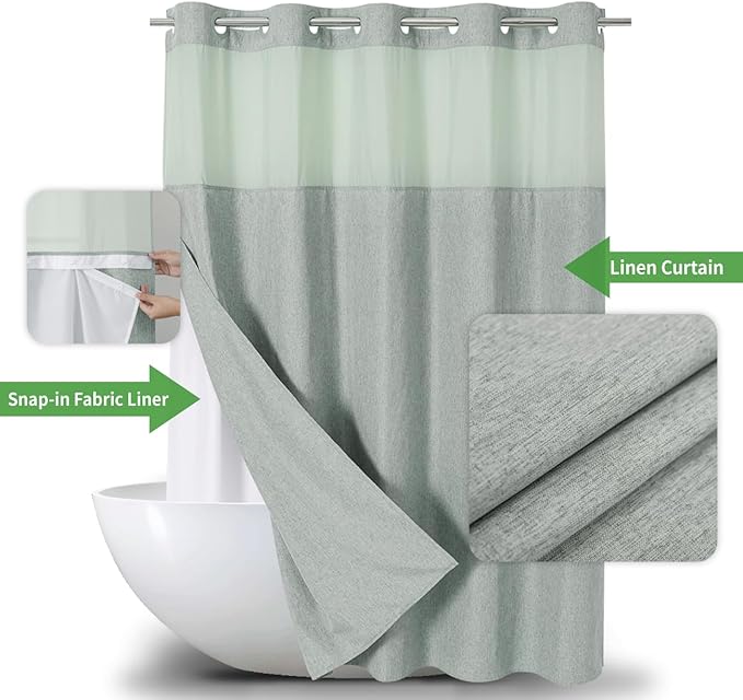 No Hooks Needed Linen Textured Shower Curtain with Snap-in Fabric Liner Set,Hotel Luxury Decor Shower Curtains for Bathroom with Mesh Top Window,Waterproof & Washable,71Wx74H,Sage Green