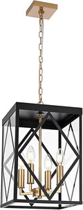 4-Light Outdoor Pendant Lights for Porch 15.7'' Outdoor Chandelier Black & Brushed Brass Exterior Hanging Porch Light Fixtures w/Clear Glass, Waterproof Outside Pendant Lantern for Front Door