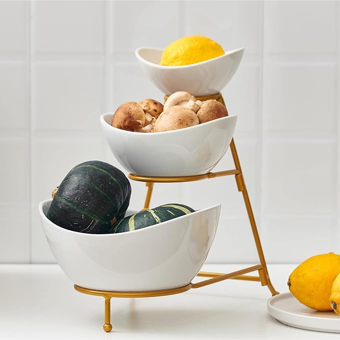 Gomakren 3 Tiered Oval Serving Bowl with Collapsible Metal Rack, Chip and Dip Serving Set, Dessert Appetizer Bowl Set (45oz / 17.5oz / 7oz), White Serving Bowls For Entertaining (Gold Stand)
