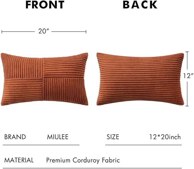 MIULEE Dark Rust Corduroy Pillow Covers Pack of 2 Boho Decorative Throw Pillows Soft Solid Fall Couch Pillowcases Cross Patchwork Textured Pilowcases Home Decor for Living Room Bed Sofa 12x20 inch