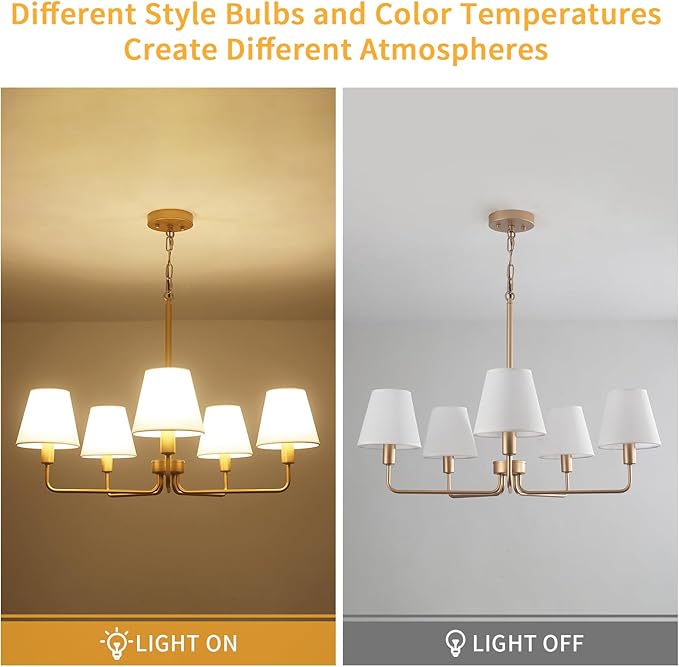 Farmhouse Chandelier, Gold Modern Dining Room Light Fixture with White Fabric Shade, 5-Light Height Adjustable Industrial Pendant Island Light Fixture for Foyer Entryway Hallway Kitchen Bedroom