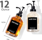 12oz Dish Soap Dispenser for Kitchen, Hand Glass Soap Dispenser Set with Pump, Tray, Funnel for Bathroom, Shower, Laundry, Liquid, Lotion (Black 2 Pack Clear Bottles with 12 Stickers)