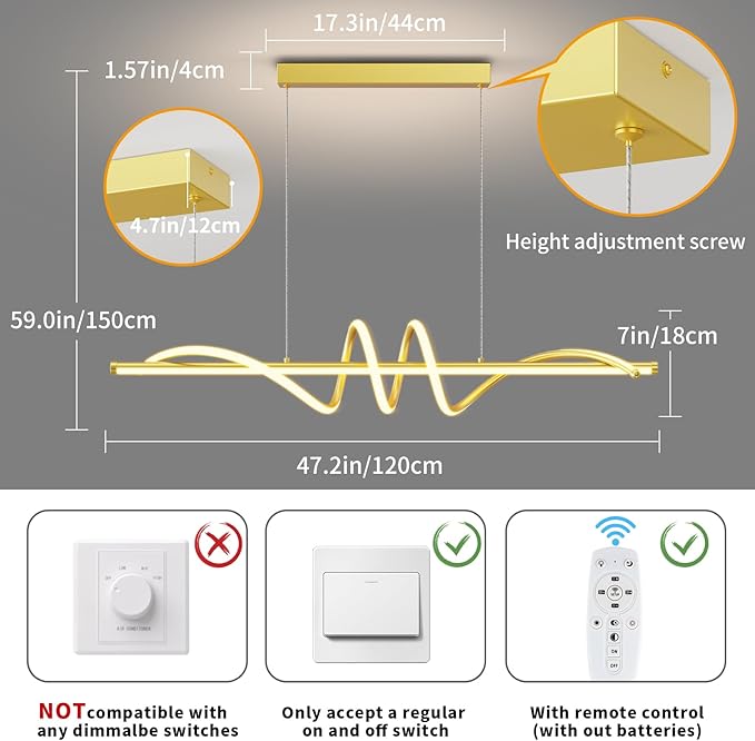 Modern LED Pendant Lights, 39in Gold Chandelier Dimmable with Remote Control 3000k-6000K Adjustable Color Temperature, Aluminum Island Lighting Lamp Fixture for Kitchen, Dining Room