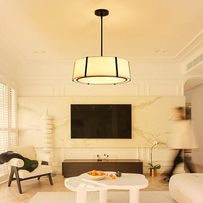 Shrine Lighting Drum Pendant Light, Modern Style, Drum Chandeliers for Dining Room, D18'' x H6'', Adjustable Chains 39'', E12*4 Sockets, White Lampshade & Black Finish