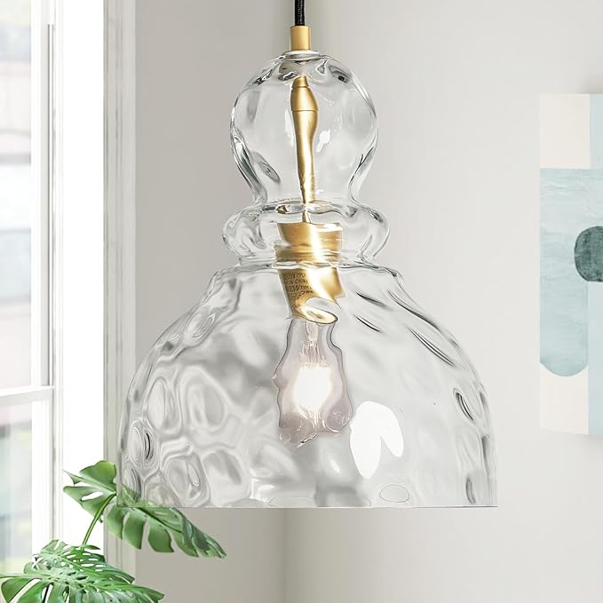 Hammered Glass Pendant Light, Pendant Lights Kitchen Island, Brushed Brass Kitchen Island Light Large 10 inch Gold Glass Ceiling Pendant Lights Over Sink for Hallway Entrance